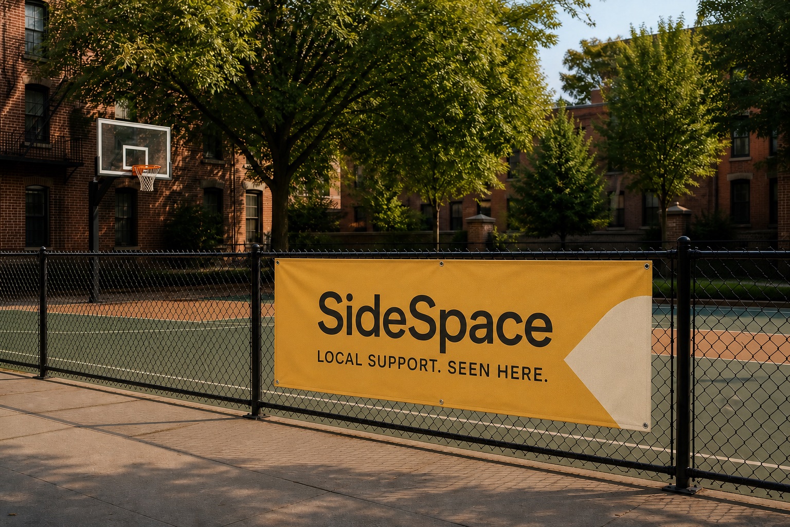 The same basketball-court fence with an amber SideSpace sponsor banner