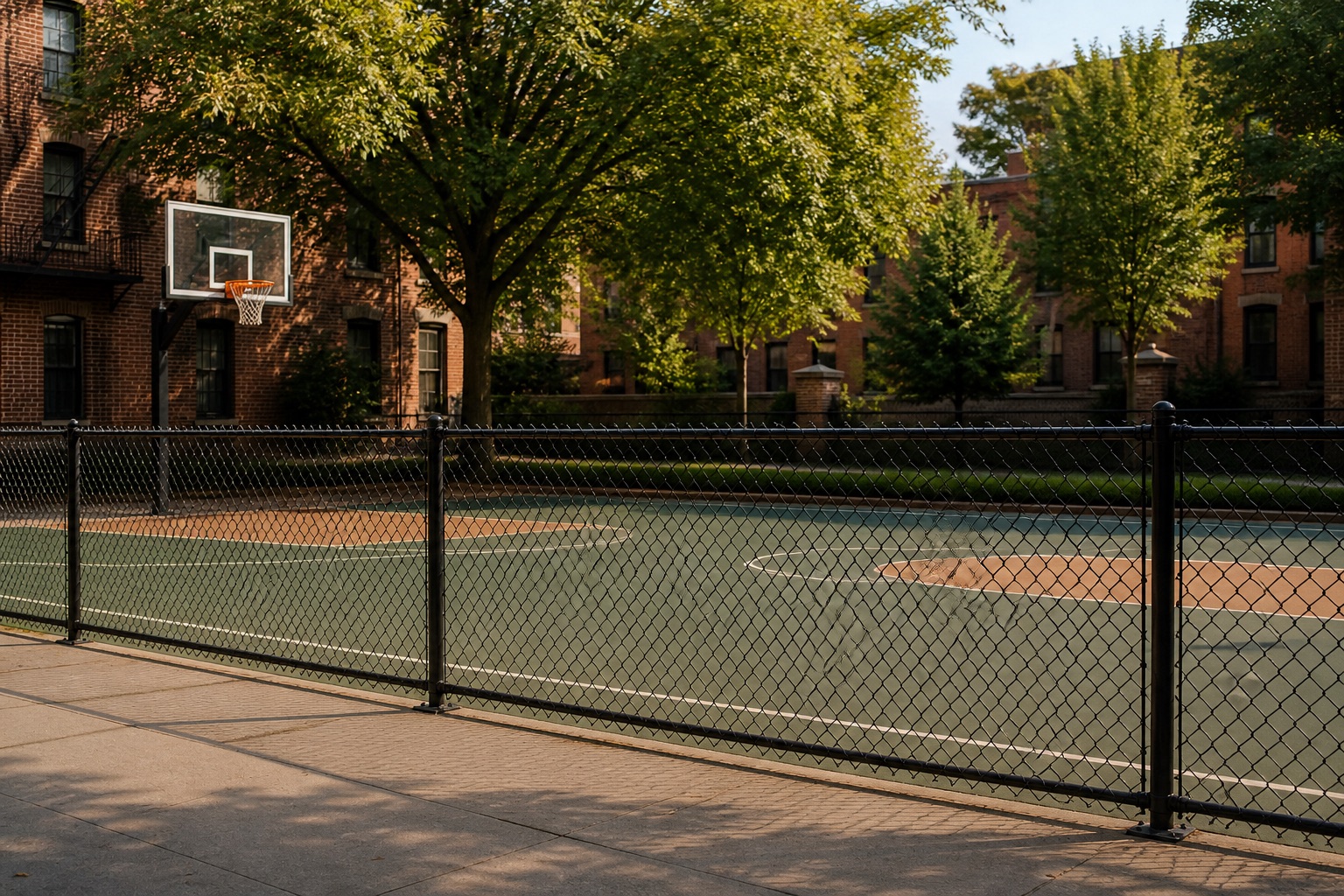 Neighborhood basketball court with an empty chain-link fence