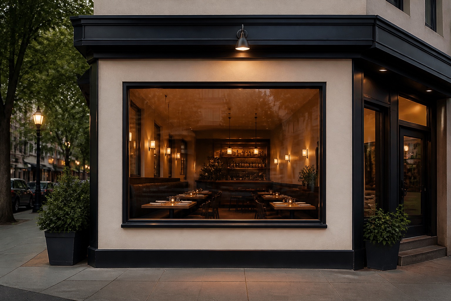 Restaurant facade with a clear street-facing picture window