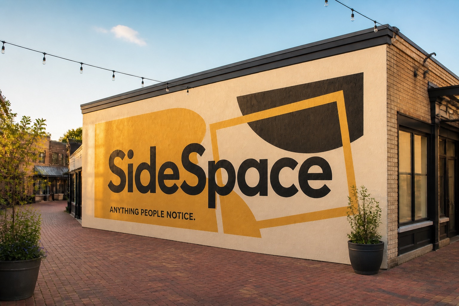 The same wall painted with a large amber and charcoal SideSpace mural